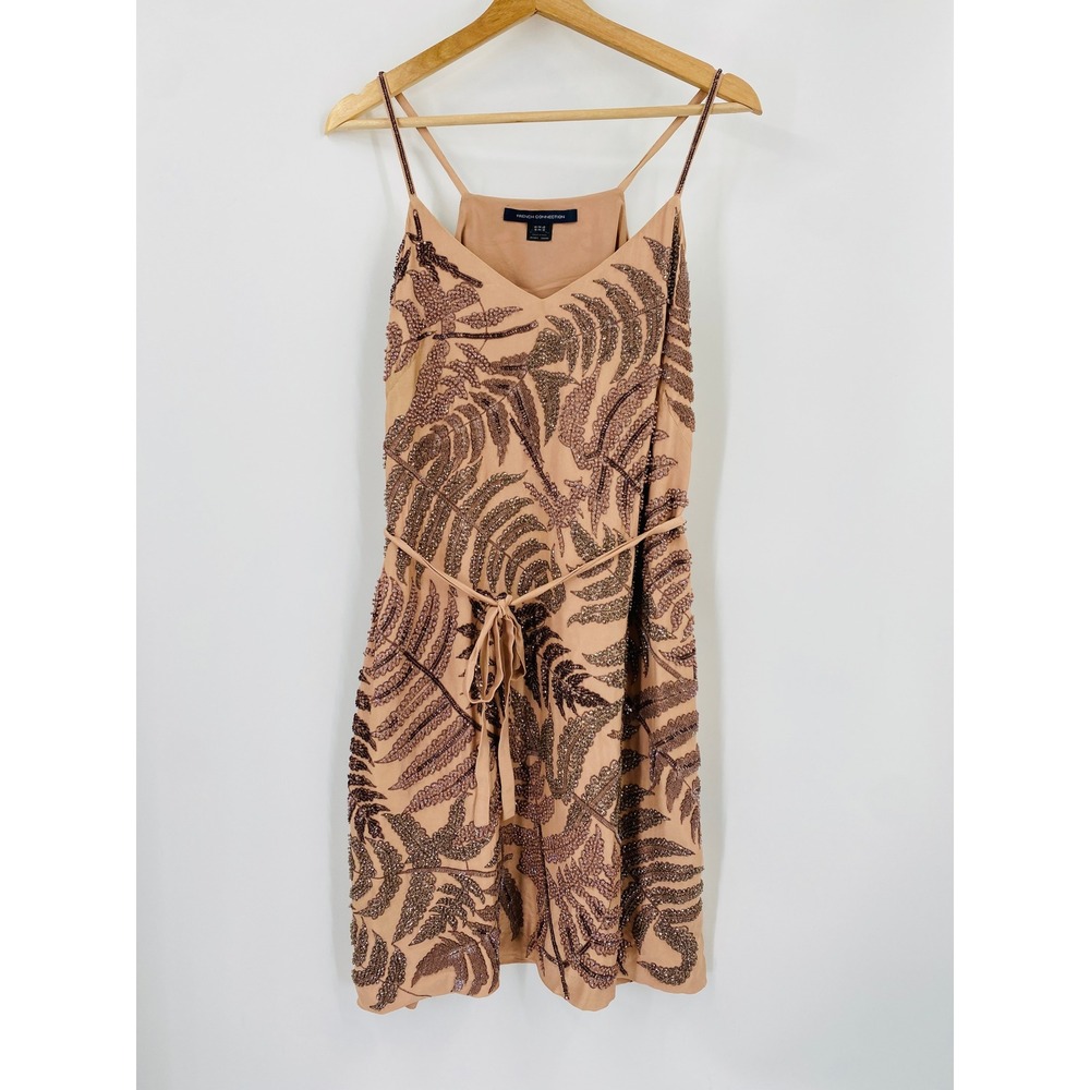 French Connection Dress 12 Tan Sequin Fern Leaf Beaded Mini V-Neck Tie Waist